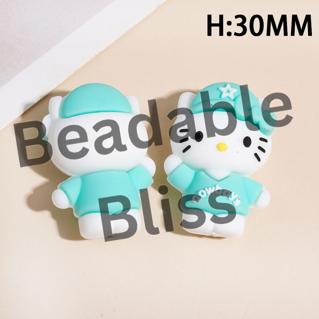 3D Cute Cat Character Wearing America Football Cap with Star Silicone Focal Beads Multi-Colors