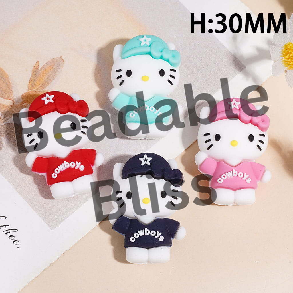 3D Cute Cat Character Wearing America Football Cap with Star Silicone Focal Beads Multi-Colors