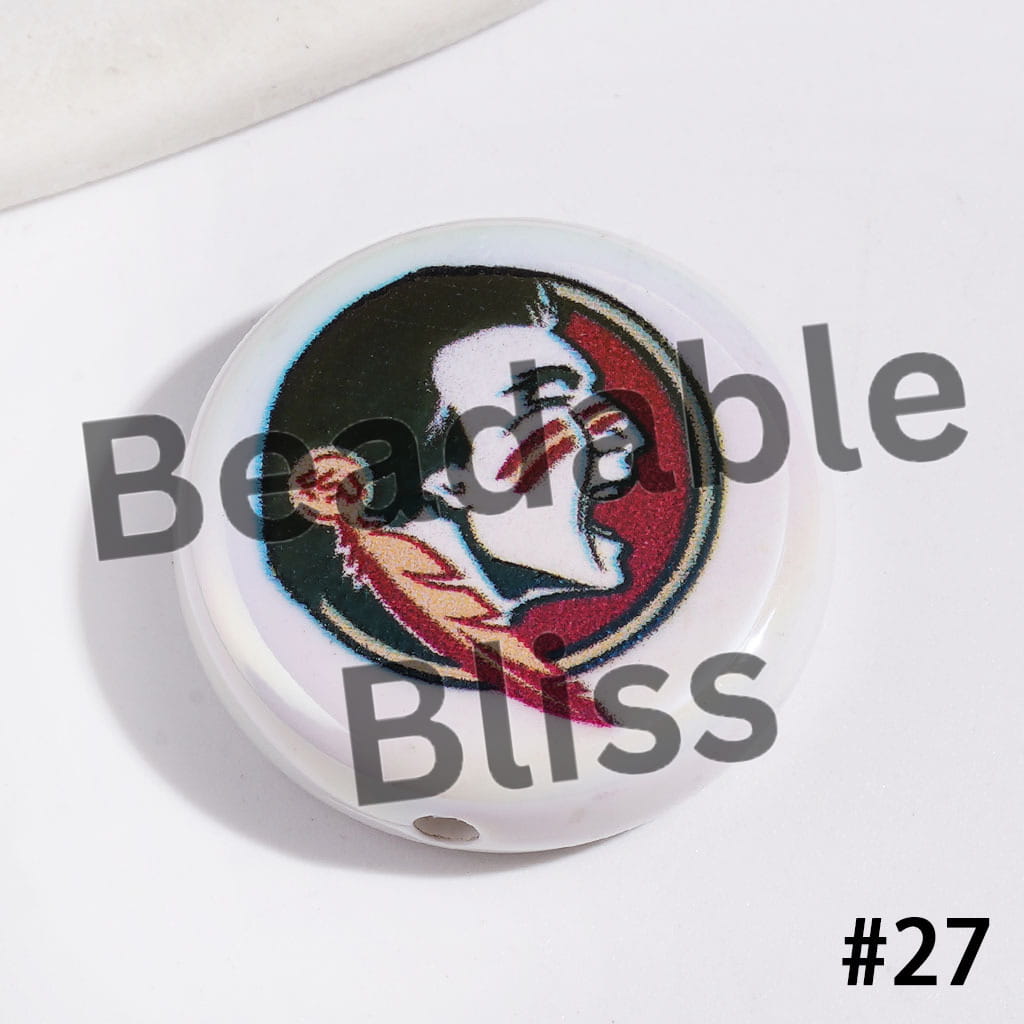 UV-Coated Acrylic Beads with American College Football Team Series, Flat Round Shape, 23MM