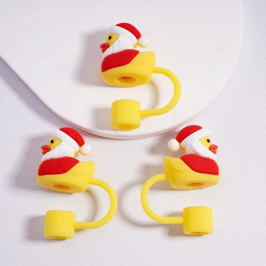 Food Grade Cup Tumbler Silicone Straw Topper Little Cute Yellow Duckling with Red Christmas Hat