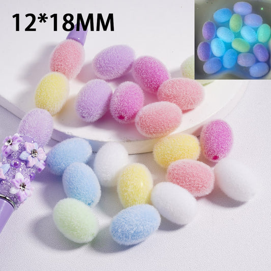Acrylic Beads Oval Shape Luminous Flocked Fluffy Solid Color 12*18MM, Random Mix