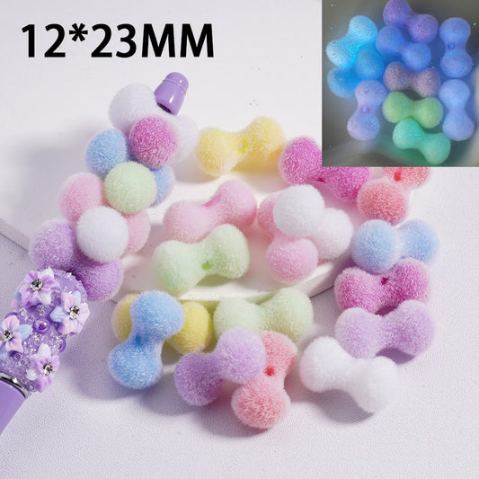 Acrylic Beads Luminous Flocked Fluffy Cute Bone Solid Color 12*23MM, Random Mix
