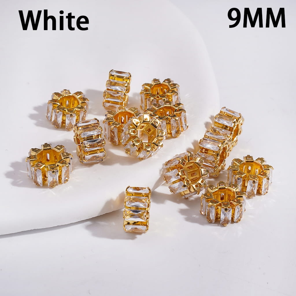 Gold Alloy Gear Beads with Assorted Colors Rectangle Rhinestones, Big Hole Beads, 9MM (The Hole Diameter is Around 4MM)