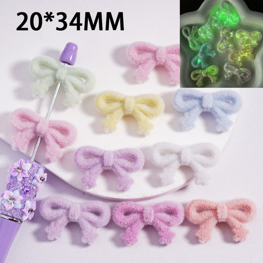 Acrylic Beads Luminous Flocked Fluffy Cute Bowknot with Star Solid Color 20*34MM, Random Mix