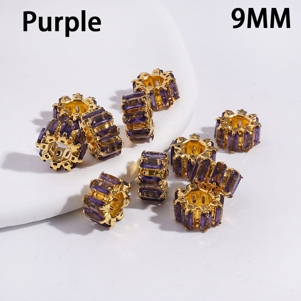 Gold Alloy Gear Beads with Assorted Colors Rectangle Rhinestones, Big Hole Beads, 9MM (The Hole Diameter is Around 4MM)
