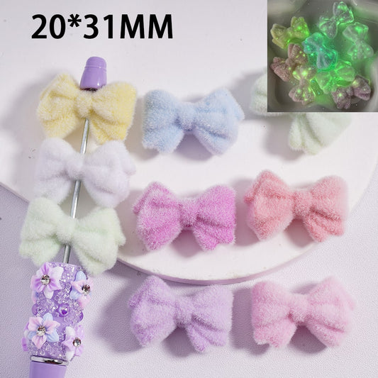Acrylic Beads Luminous Flocked Fluffy Cute Bowknot Solid Color 20*31MM, Random Mix