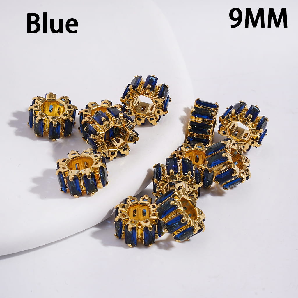 Gold Alloy Gear Beads with Assorted Colors Rectangle Rhinestones, Big Hole Beads, 9MM (The Hole Diameter is Around 4MM)