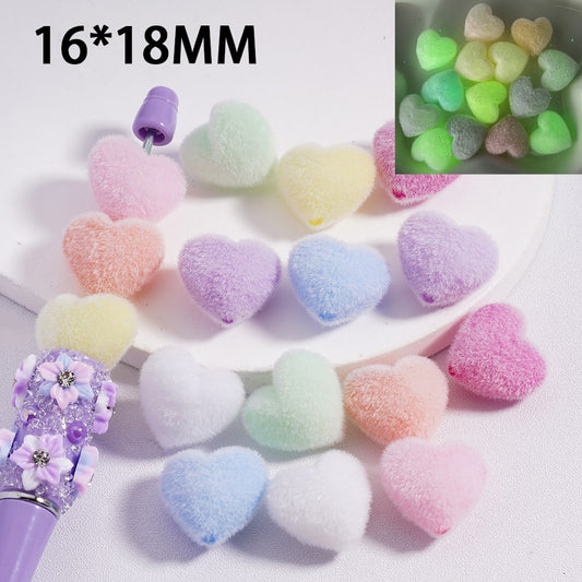 Acrylic Beads Luminous Flocked Fluffy Cute Heart Solid Color 16*18MM, Random Mix