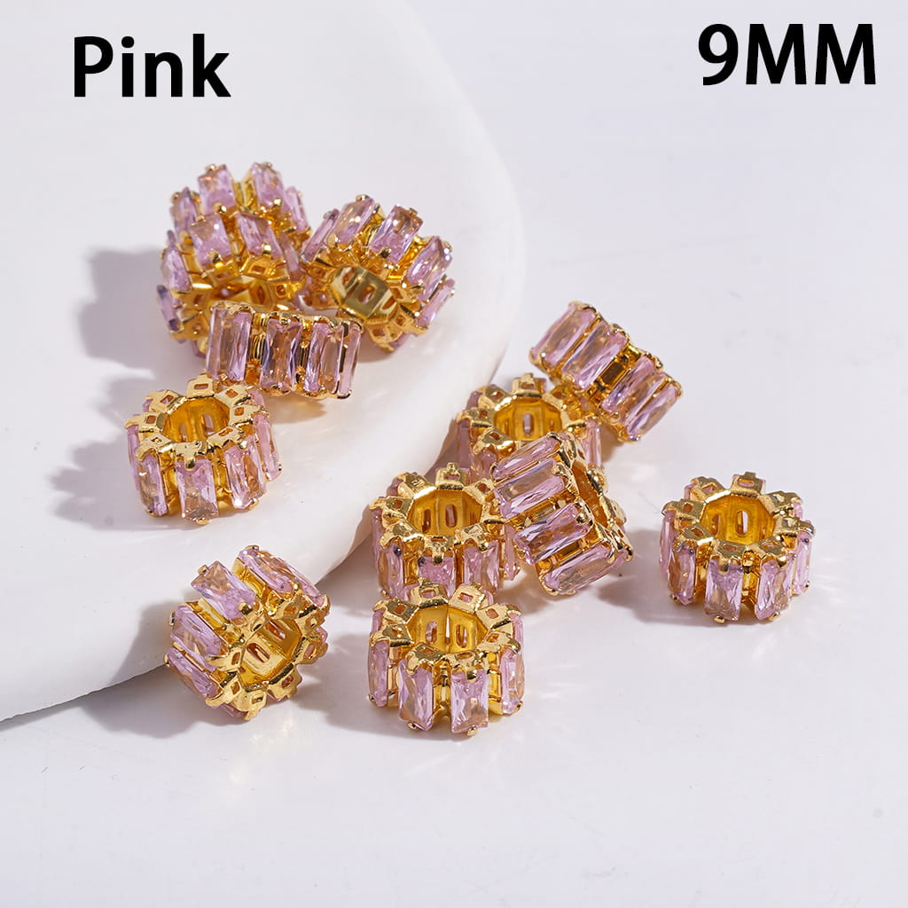 Gold Alloy Gear Beads with Assorted Colors Rectangle Rhinestones, Big Hole Beads, 9MM (The Hole Diameter is Around 4MM)