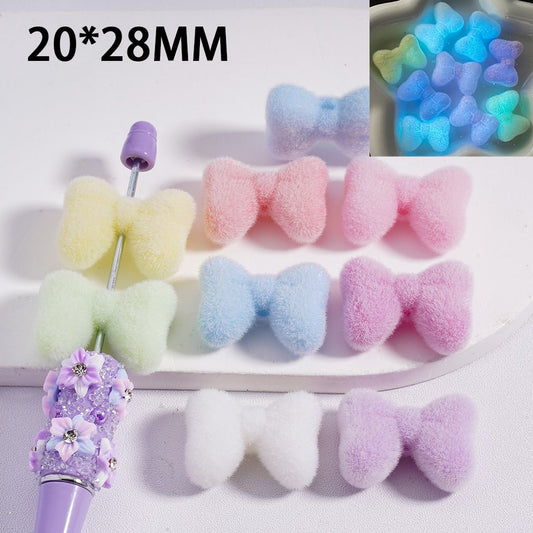 Acrylic Beads Luminous Flocked Fluffy Cute Bowtie Solid Color 20*28MM, Random Mix