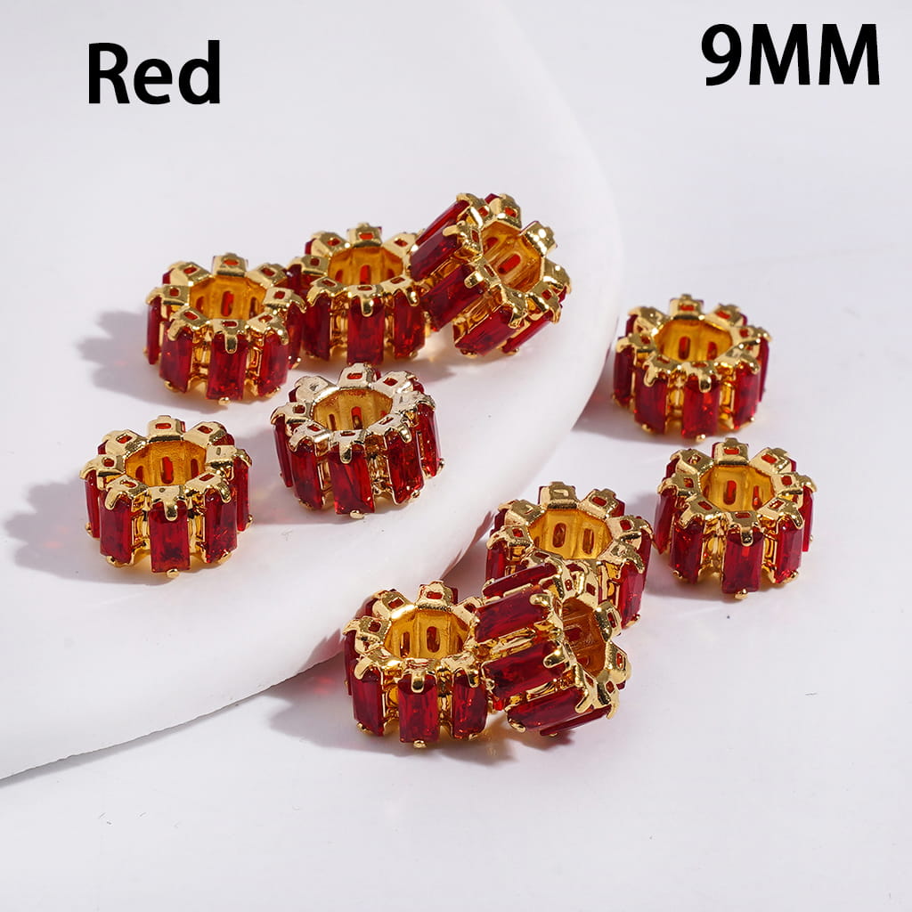 Gold Alloy Gear Beads with Assorted Colors Rectangle Rhinestones, Big Hole Beads, 9MM (The Hole Diameter is Around 4MM)