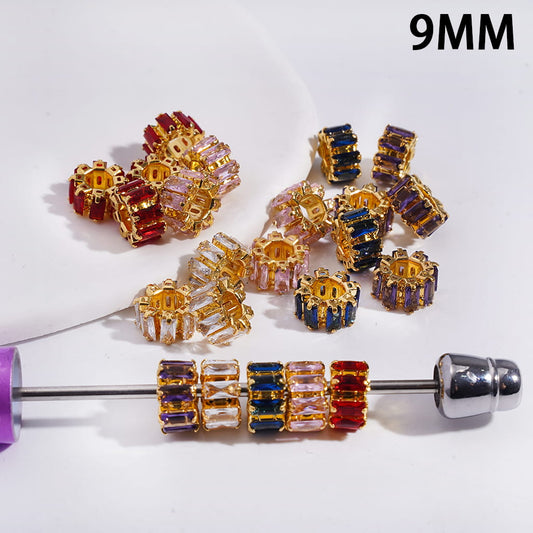 Gold Alloy Gear Beads with Assorted Colors Rectangle Rhinestones, Big Hole Beads, 9MM (The Hole Diameter is Around 4MM)