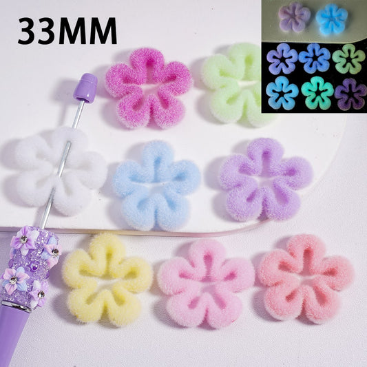 Acrylic Beads Luminous Flocked Fluffy Cute Plum Blossom Flower Solid Color 33MM, Random Mix