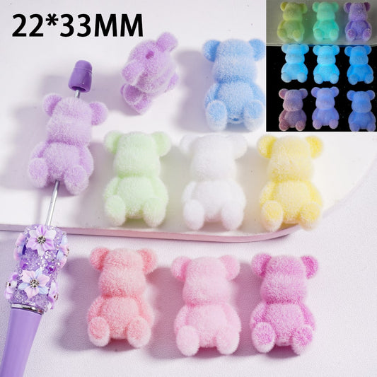 Acrylic Beads Luminous Flocked Fluffy Cute Bear Solid Color 22*33MM, Random Mix