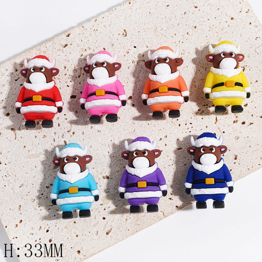 Focal Beads Brown Cow Cattle Calf with Christmas Santa Claus Clothes, Height 33MM, Multi-Color
