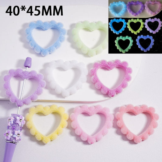 Acrylic Beads Luminous Flocked Fluffy Cute Heart Frame Solid Color 40*45MM, Random Mix
