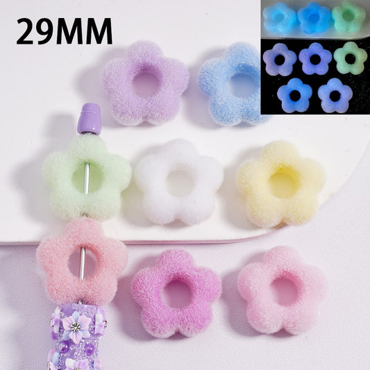 Acrylic Beads Luminous Flocked Fluffy Cute Five-Petal Flowers Solid Color 29MM, Random Mix