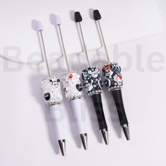 Beadable Pen with Cute Micke Minni Mouse Head White Pearls AB Rhinestones Chains Black White