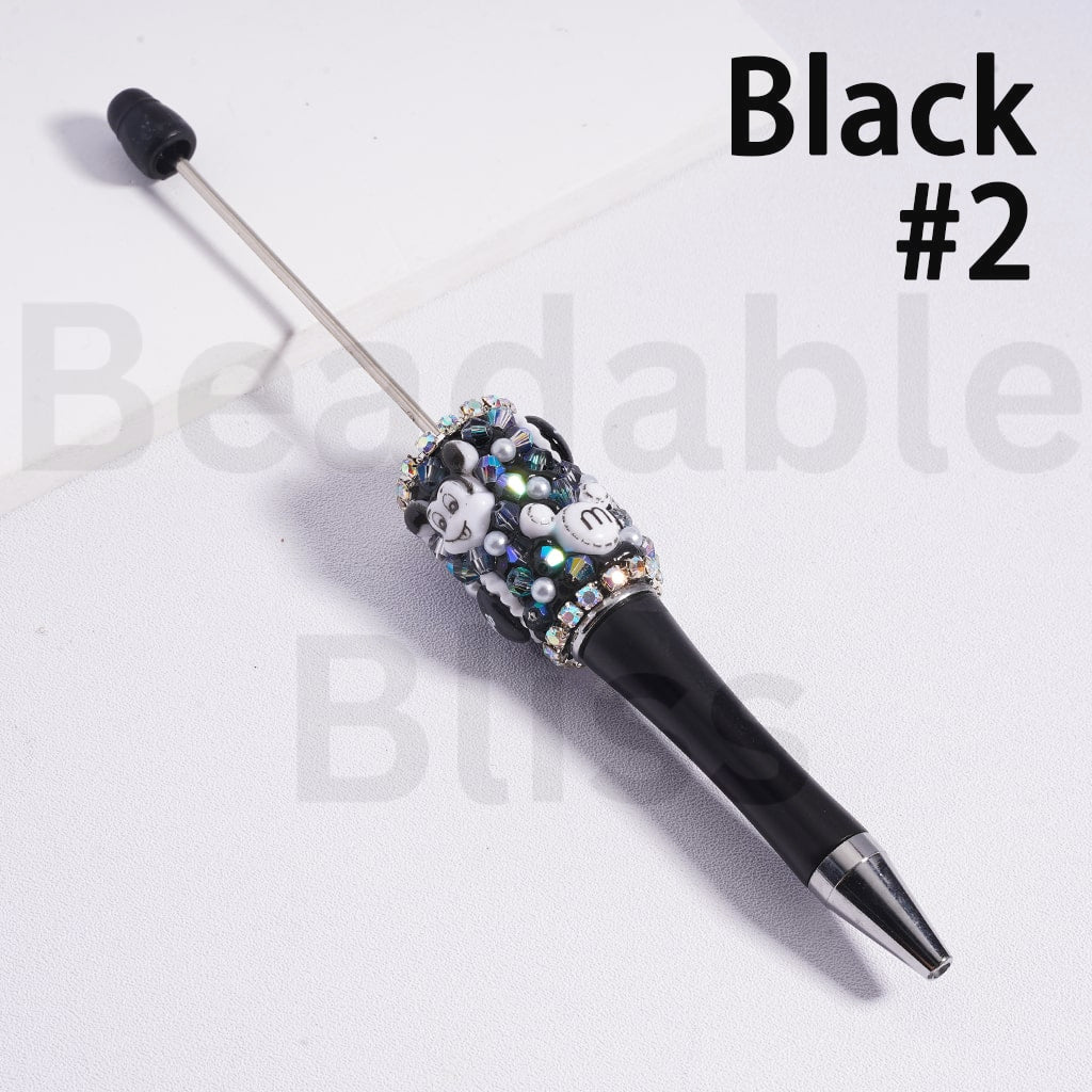 Beadable Pen with Cute Micke Minni Mouse Head White Pearls AB Rhinestones Chains Black White