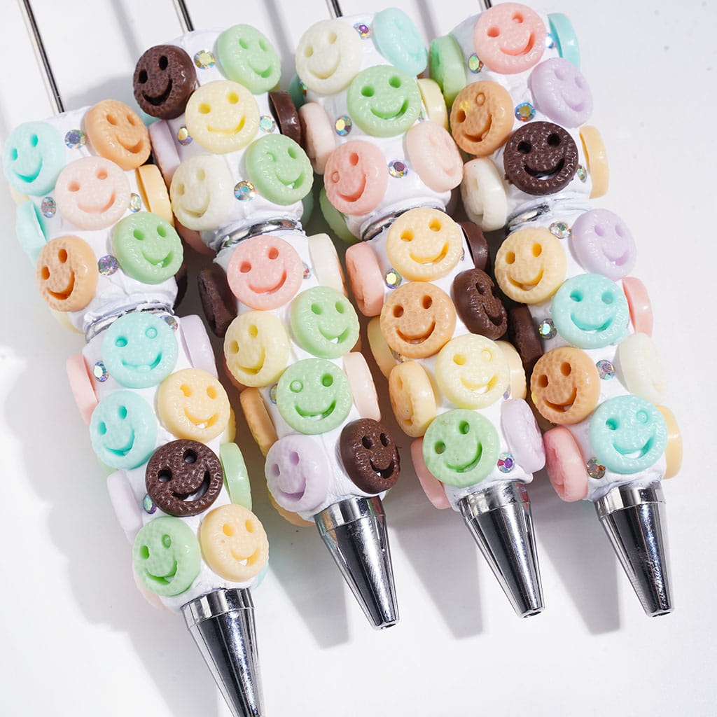 Assorted Colors Flat Round Shaped Cookie with Smiling Expressions Design and AB Rhinestones Beadable Clay Pens