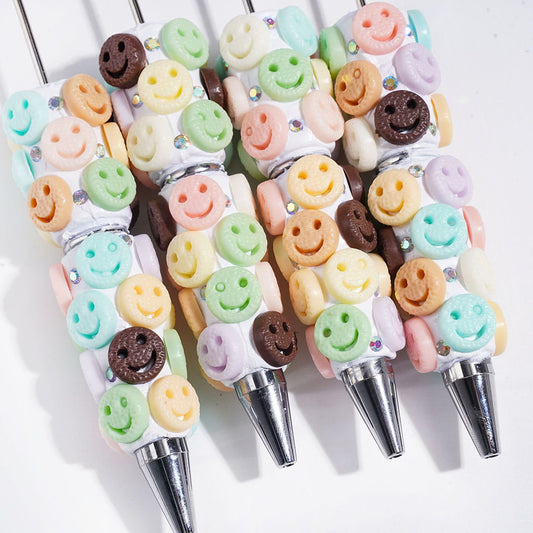 Assorted Colors Flat Round Shaped Cookie with Smiling Expressions Design and AB Rhinestones Beadable Clay Pens