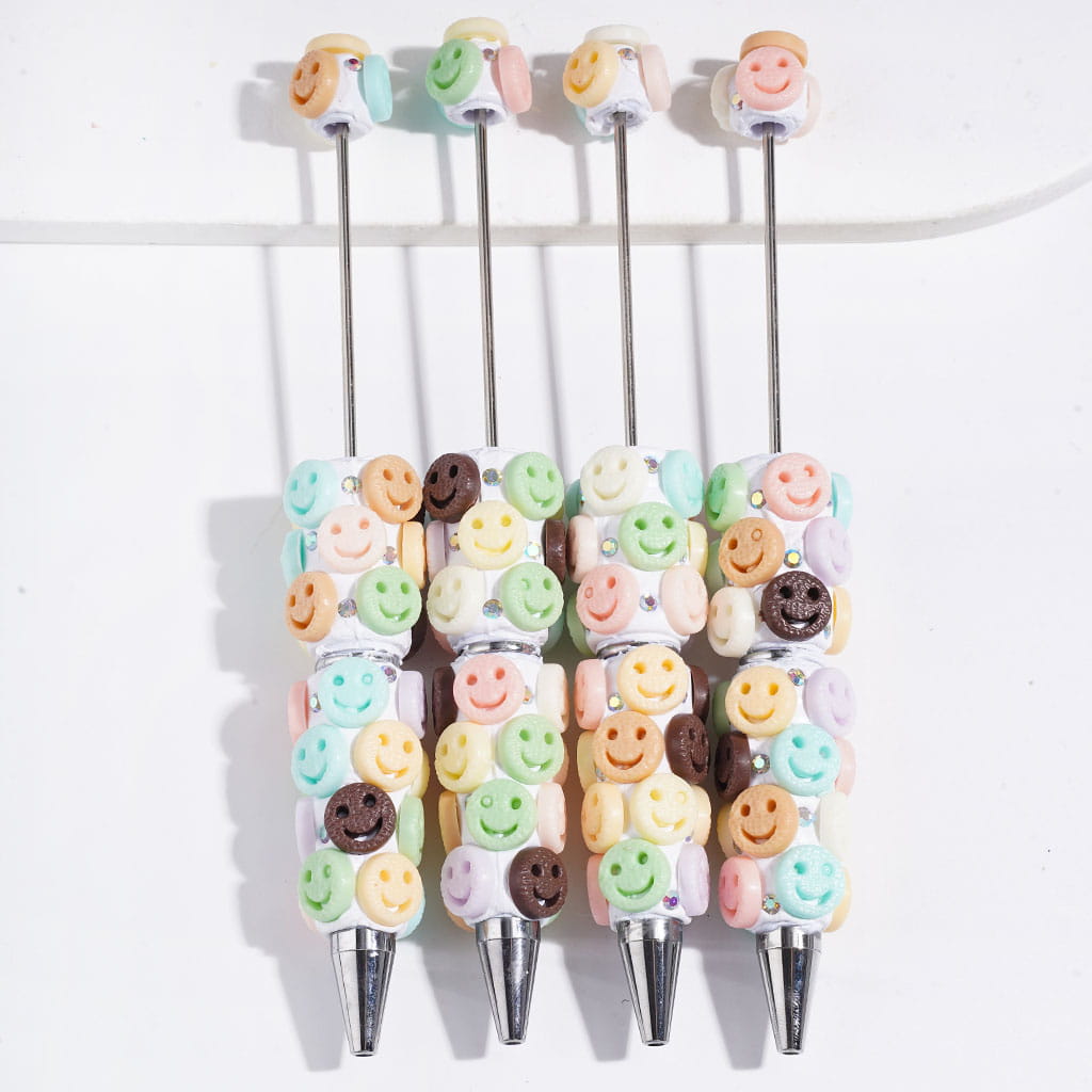 Assorted Colors Flat Round Shaped Cookie with Smiling Expressions Design and AB Rhinestones Beadable Clay Pens