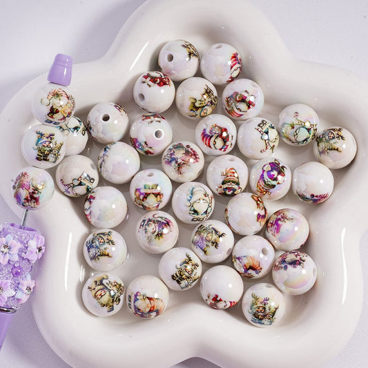Acrylic Beads UV Coating Cute Gnome with Christmas Hat White 16MM, Random Mix