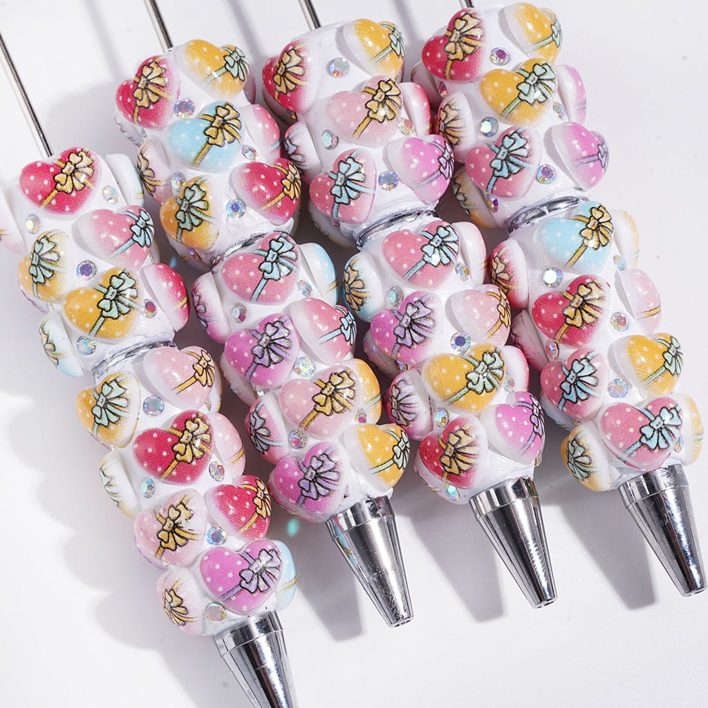 Beadable Clay Pens Assorted Colors Heart with Polka Dots Bowtie and AB Rhinestones