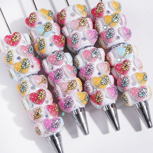 Beadable Clay Pens Assorted Colors Heart with Polka Dots Bowtie and AB Rhinestones