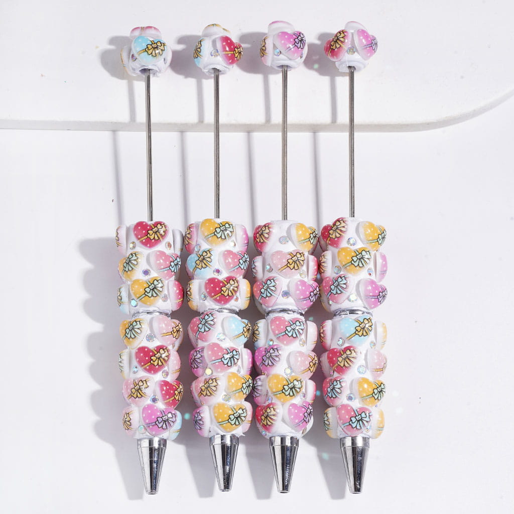 Beadable Clay Pens Assorted Colors Heart with Polka Dots Bowtie and AB Rhinestones