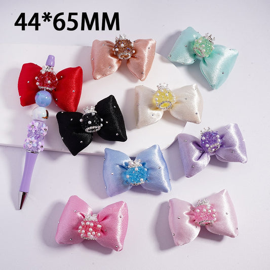 Sugar Acrylic Beads with Silver Alloy Crown White Pearls Shiny Rhinestones Large Soft Fabric Bowknots Multi-Color 44*65MM