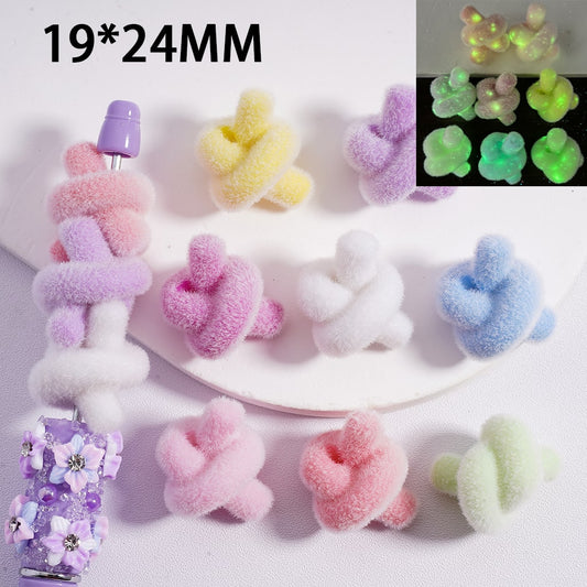 Acrylic Beads Luminous Flocked Fluffy Cute Knot Solid Colo 19*24MM, Random Mix