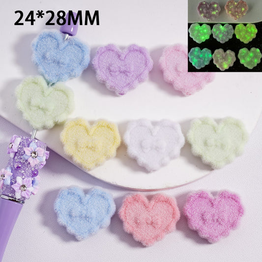 Acrylic Beads Luminous Flocked Fluffy Cute Flat Heart with Bowknot Solid Color 24*28MM, Random Mix