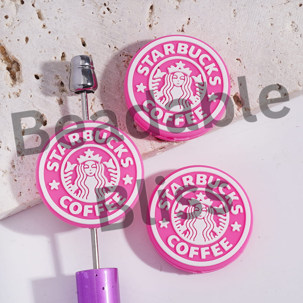 Silicone Focal Beads Coffee Theme, Pink and Green, Flat Round Shape
