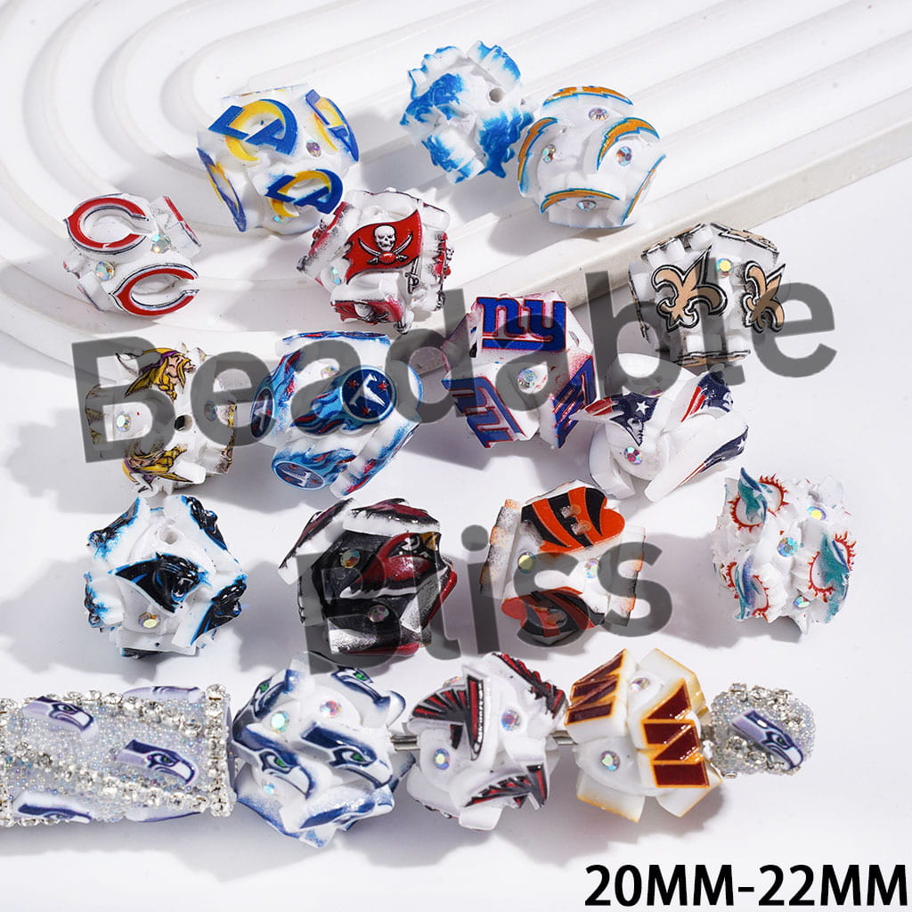 Clay Beads with American Football Team and AB Rhinestones, 20-22MM Random Mix