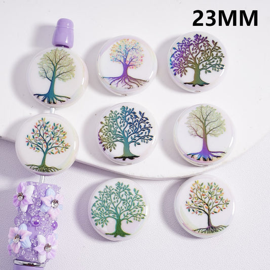 Flat Round Acrylic Beads UV Coating Green Tree 23MM, Random Mix