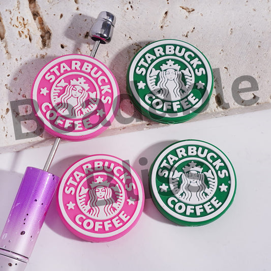 Silicone Focal Beads Coffee Theme, Pink and Green, Flat Round Shape