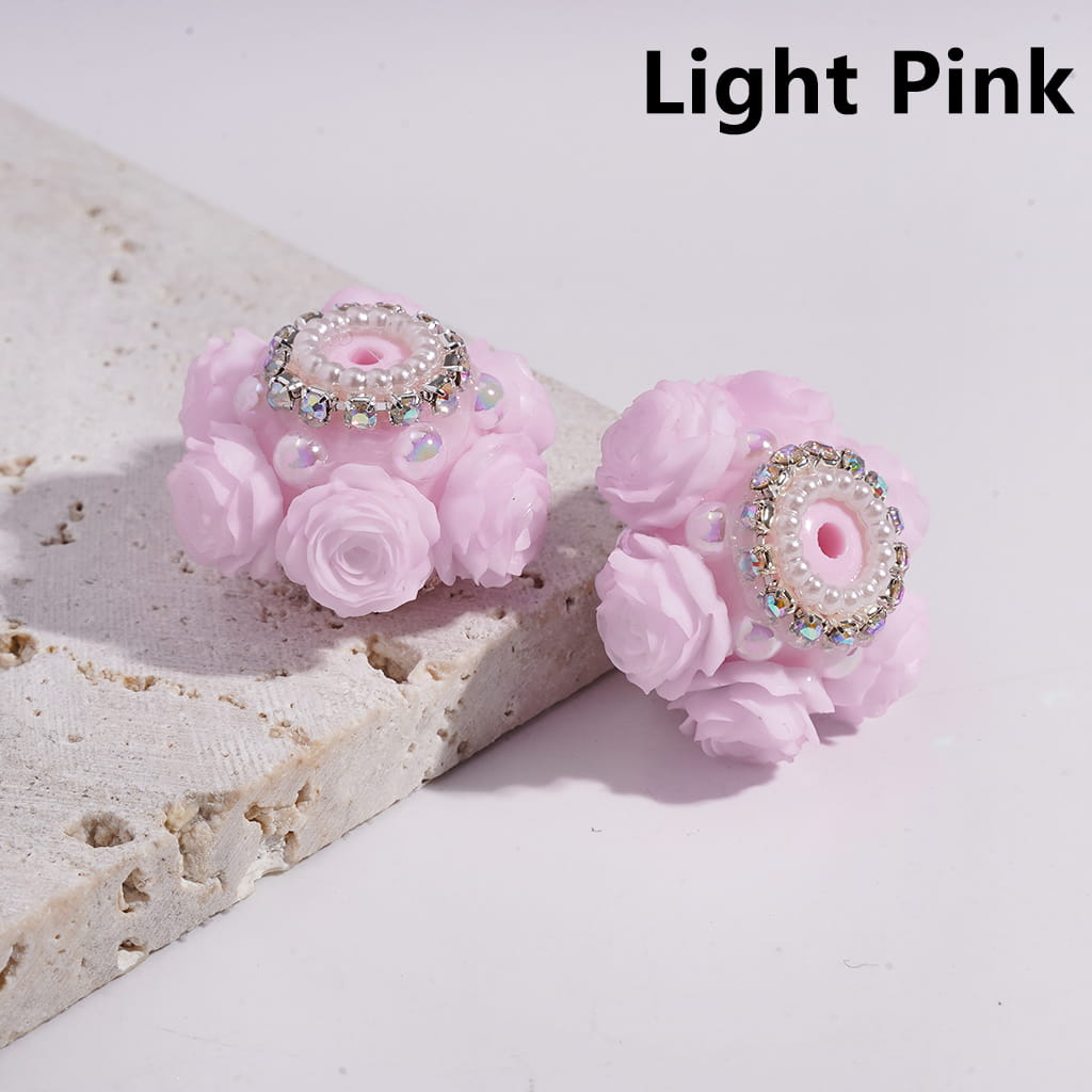 Acrylic Beads with Luminous Rose Flowers Valentine's Day, w AB Rhinestone and White Pearl Chains, 27MM, Multi-Color