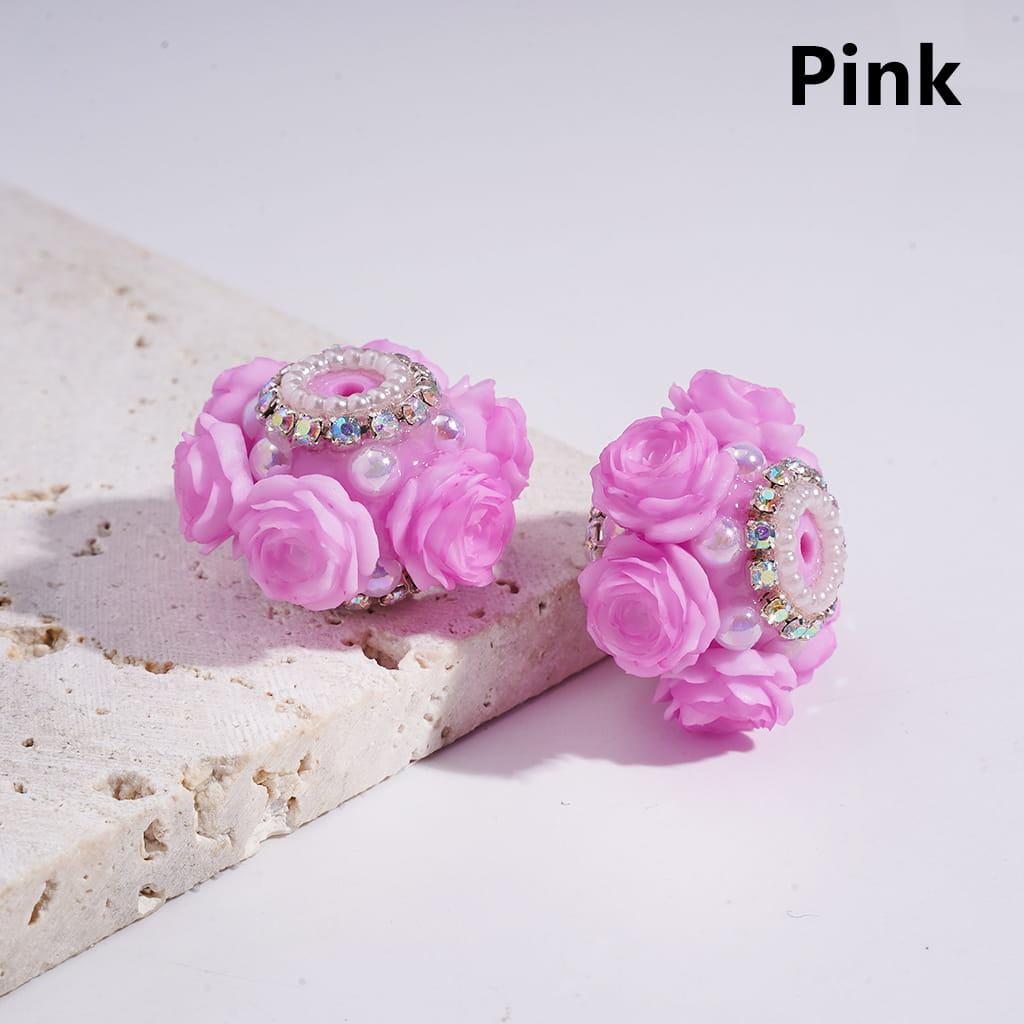 Acrylic Beads with Luminous Rose Flowers Valentine's Day, w AB Rhinestone and White Pearl Chains, 27MM, Multi-Color