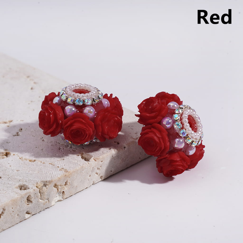 Acrylic Beads with Luminous Rose Flowers Valentine's Day, w AB Rhinestone and White Pearl Chains, 27MM, Multi-Color