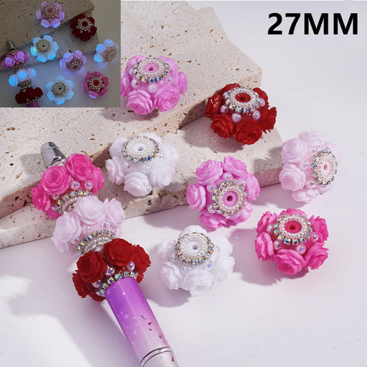 Acrylic Beads with Luminous Rose Flowers Valentine's Day, w AB Rhinestone and White Pearl Chains, 27MM, Multi-Color