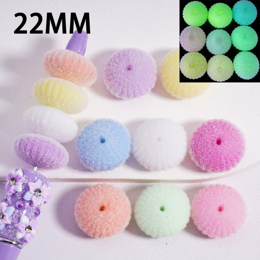 Flat Round Acrylic Beads Luminous Flocked Fluffy Solid Color 22MM, Random Mix