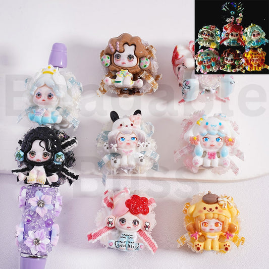 Clay Beads Cute Pop Mar Figure with Sanri Hat Glitter Rose Flower AB Rhinestones Fabric Ribbon, Random Mix