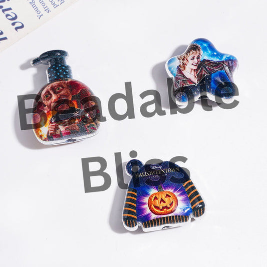 Acrylic Beads and Pendants with Halloween Character, Silver Border, Random Mix