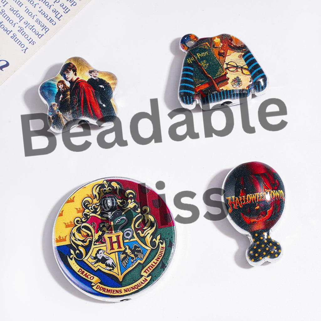 Acrylic Beads and Pendants Wizard Boy Character Theme, Silver Border, Random Mix