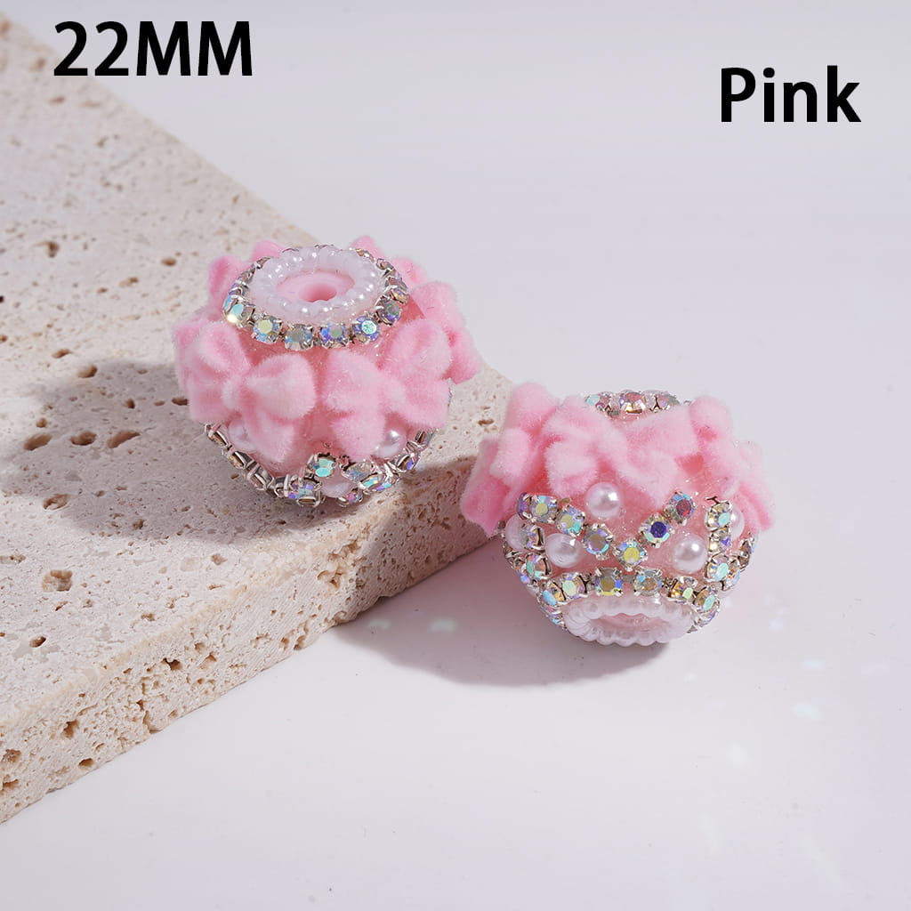 Acrylic Beads with Flocked Fluffy Bowtie, White Pearls and AB Rhinestone Chains, 22MM, Multi-Color