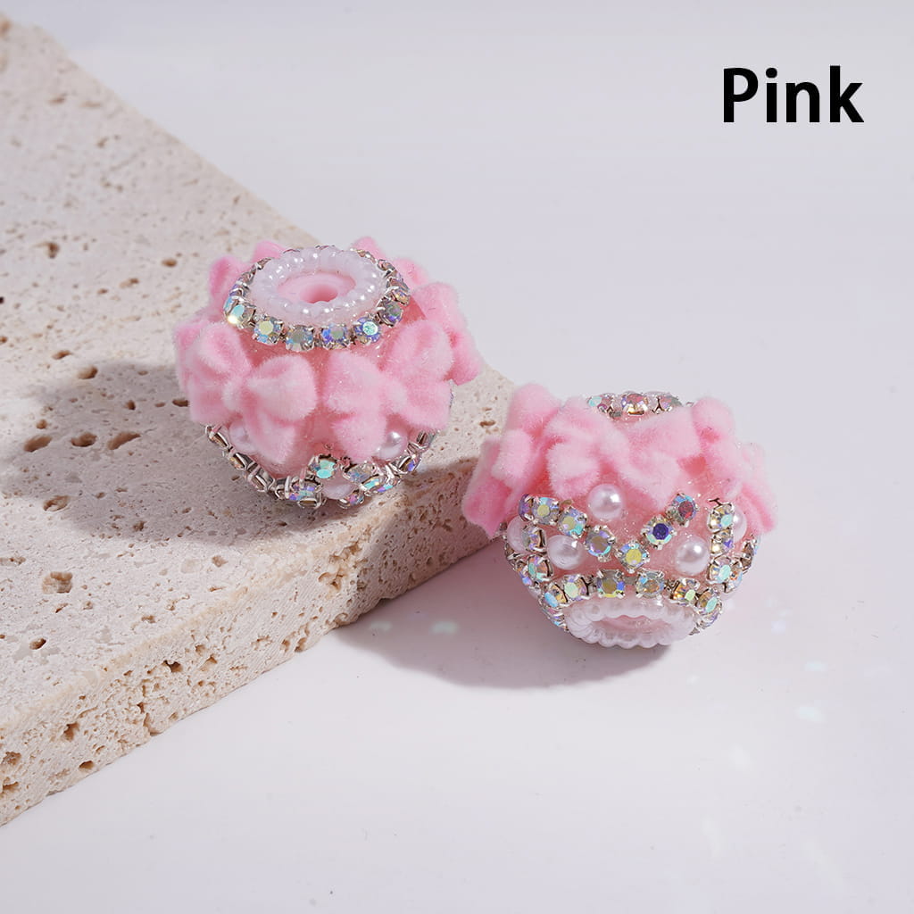 Acrylic Beads with Flocked Fluffy Bowtie, White Pearls and AB Rhinestone Chains, Multi-Color (Please Read Description)