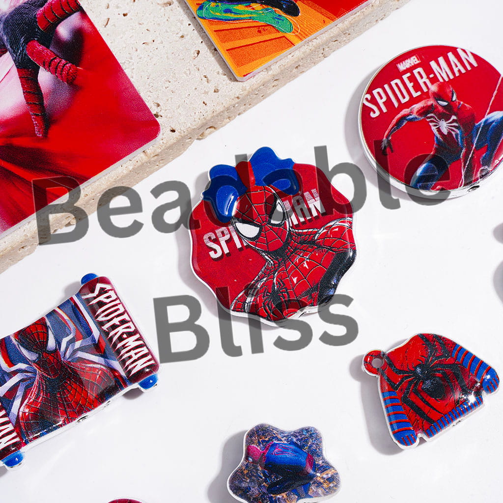 Spider Hero Character in Red Series Acrylic Beads and Pendants, Silver Border, Random Mix