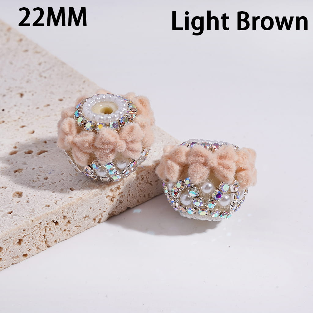 Acrylic Beads with Flocked Fluffy Bowtie, White Pearls and AB Rhinestone Chains, 22MM, Multi-Color