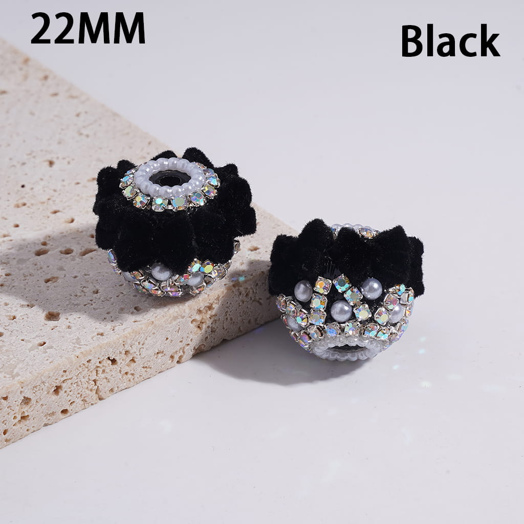 Acrylic Beads with Flocked Fluffy Bowtie, White Pearls and AB Rhinestone Chains, 22MM, Multi-Color
